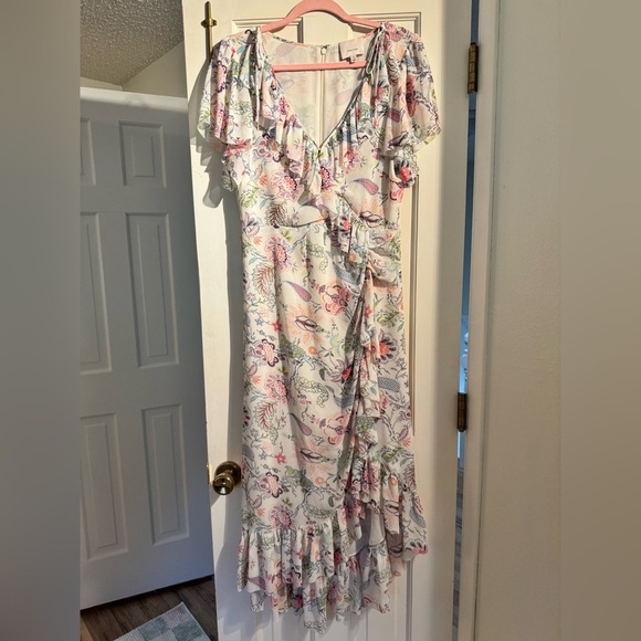 Cinq a Sept Sheila Floral Ruffle Trim Midi Dress White Bows Size 8 EUC - Picture 4 of 10